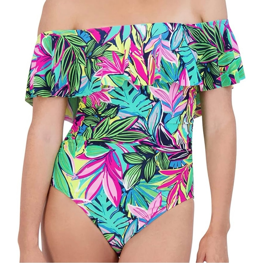 Caribbean Joe Cape Coral Multi Women's Off The Shoulder One Piece Swimsuit 10 - Picture 2 of 14